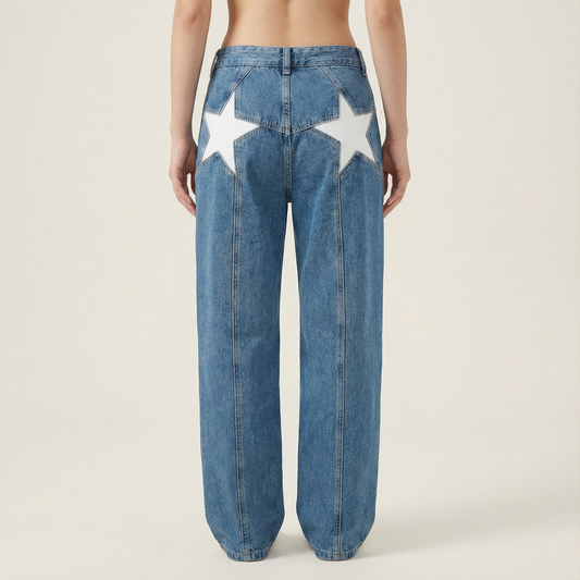 Women’s Wide-Leg Jeans – Mid-Rise Waist, Star Panel Detail