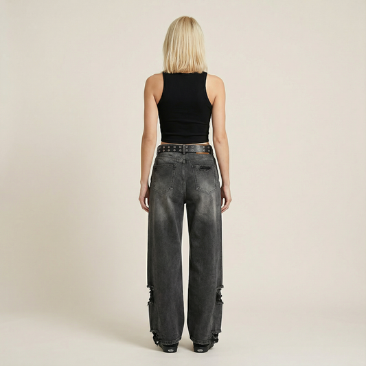 Women’s Wide-Leg Ripped Jeans – High-Rise Waist, Distressed Finish