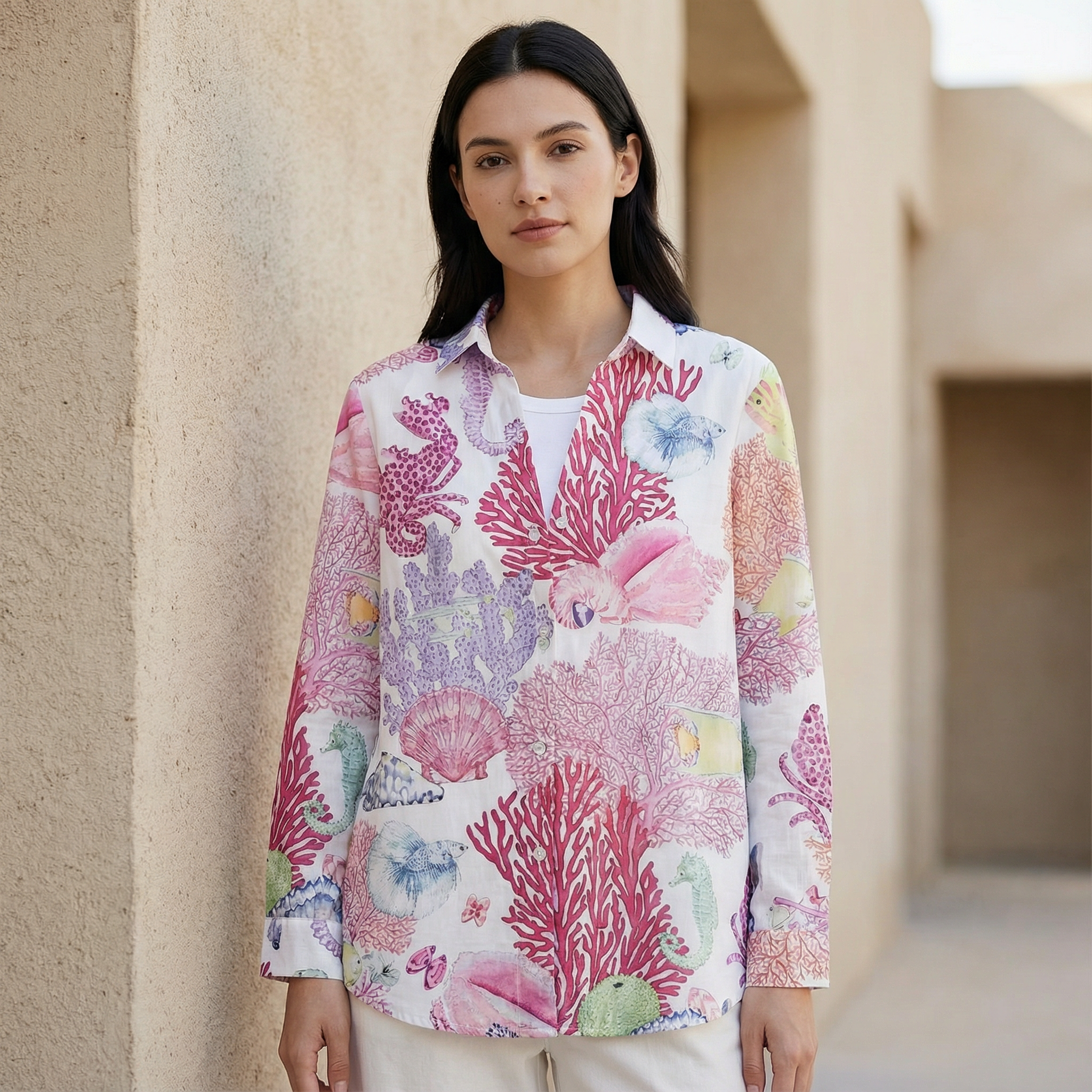 Women’s Button-Up Blouse – All-Over Coral & Sea Life Print