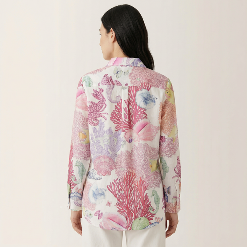 Women’s Button-Up Blouse – All-Over Coral & Sea Life Print