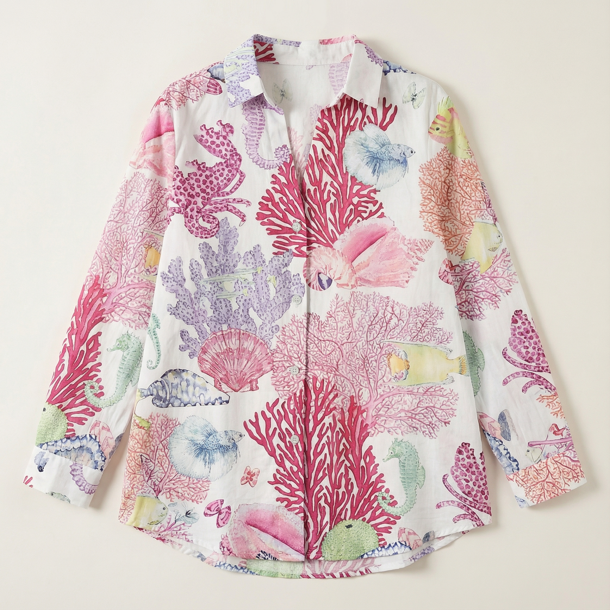 Women’s Button-Up Blouse – All-Over Coral & Sea Life Print