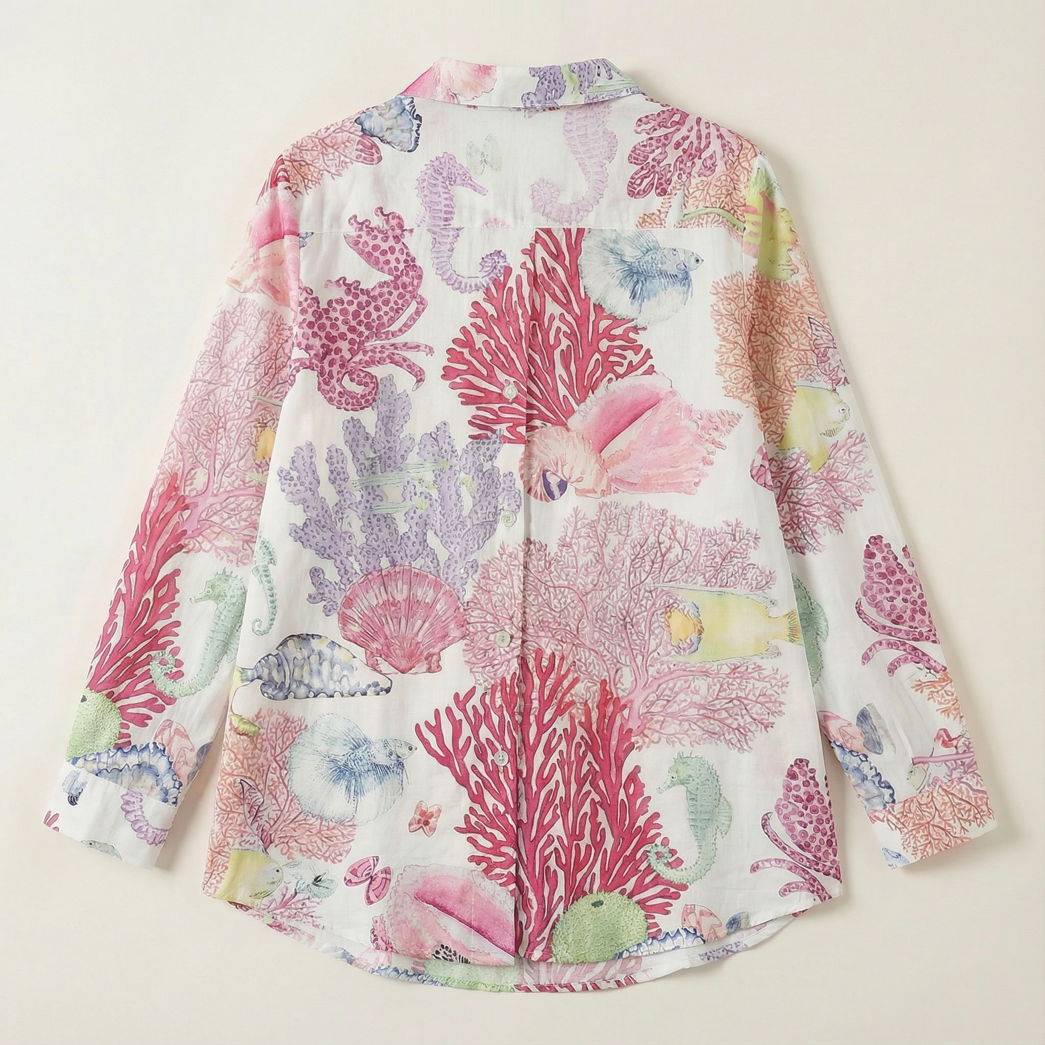 Women’s Button-Up Blouse – All-Over Coral & Sea Life Print