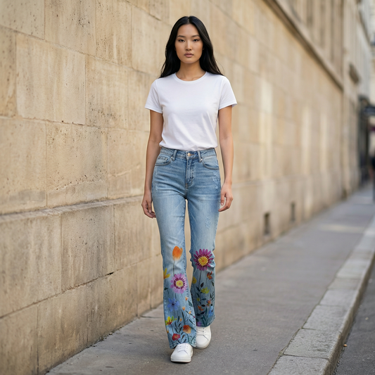 Women’s Flared Jeans – Floral Print Design