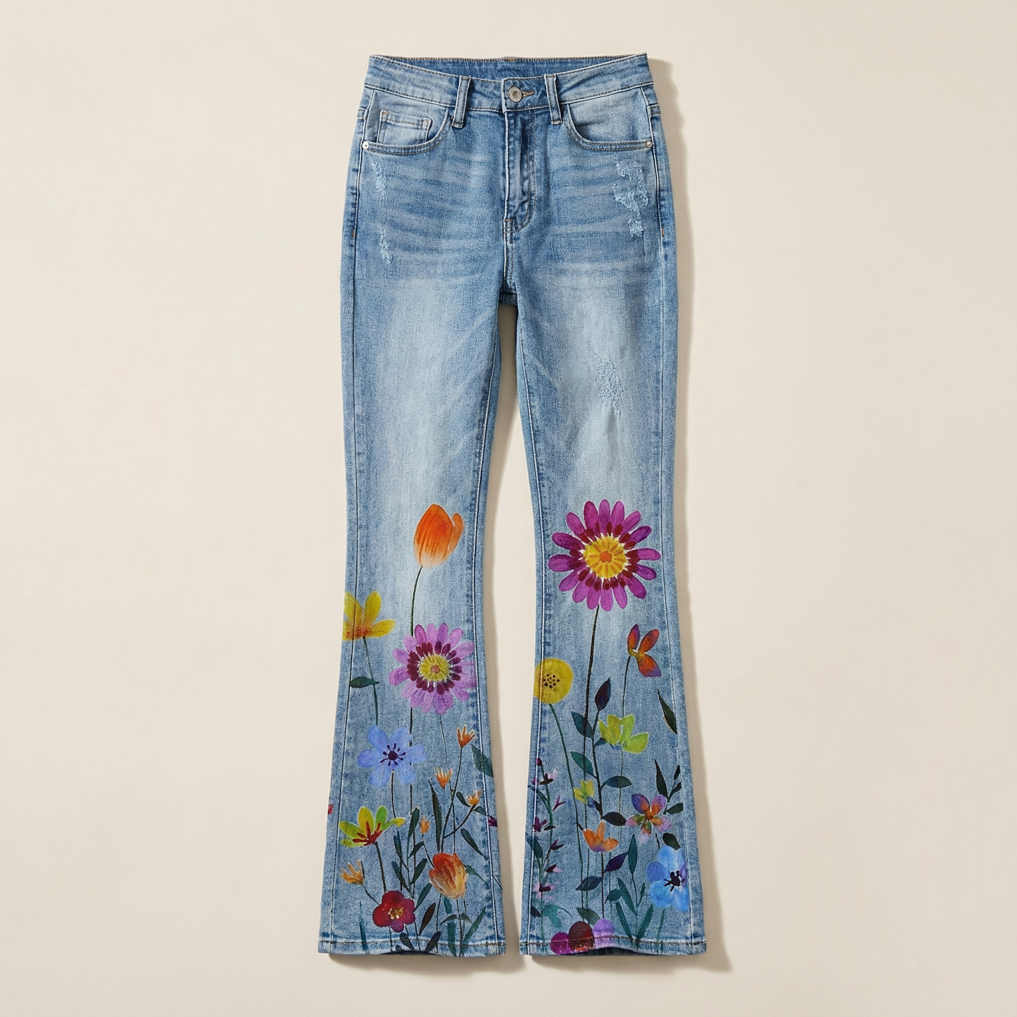 Women’s Flared Jeans – Floral Print Design