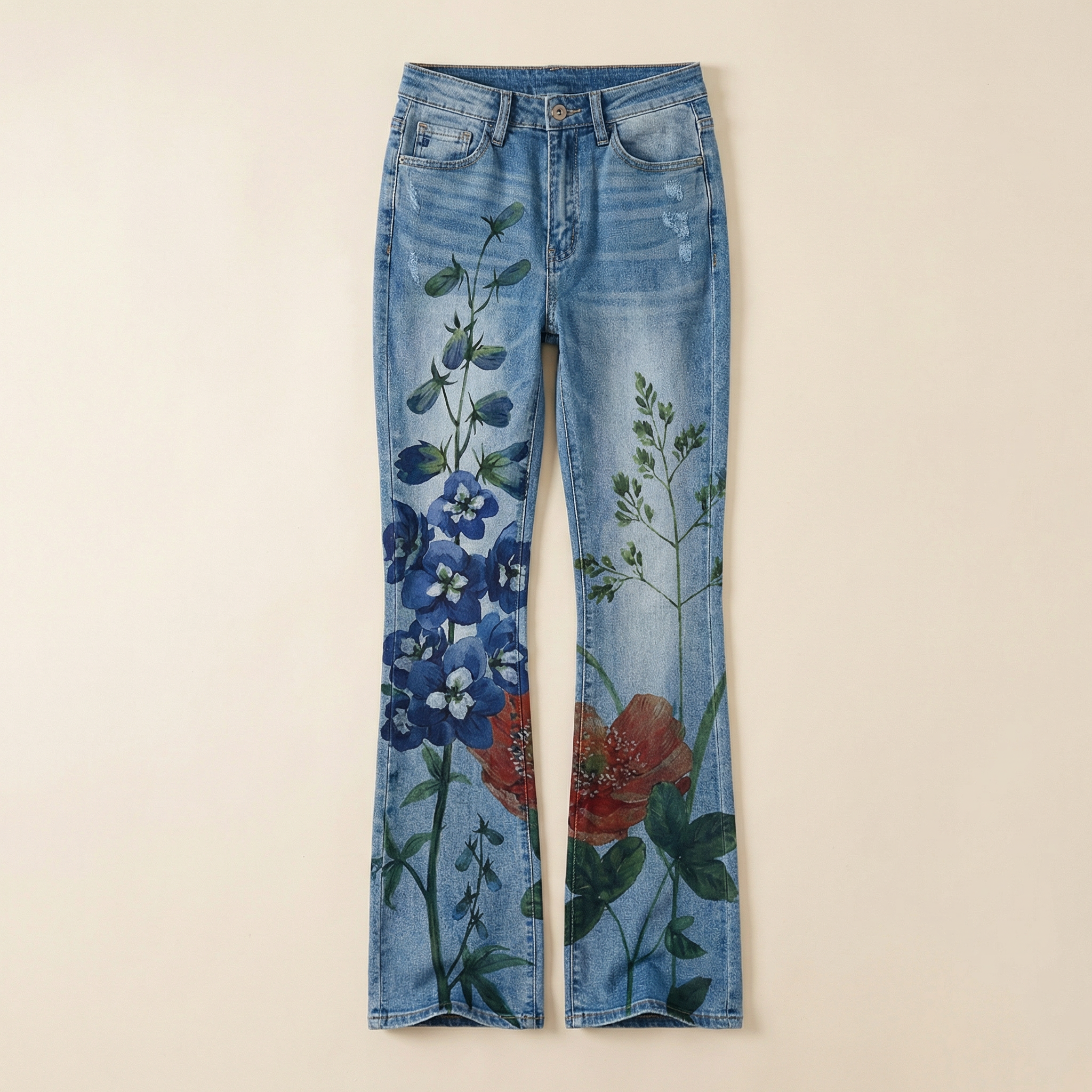 Women’s Flared Jeans – Floral Print Design