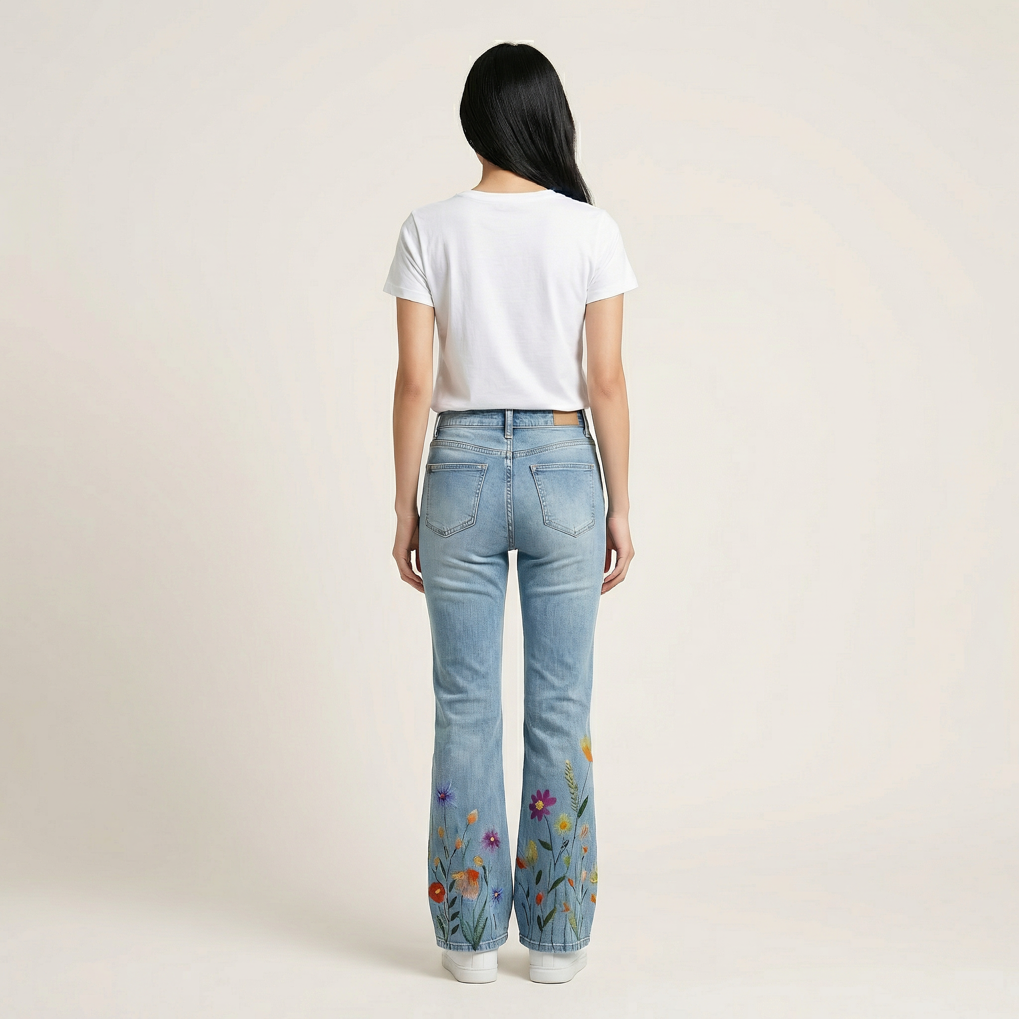 Women’s Flared Jeans – Floral Print Design