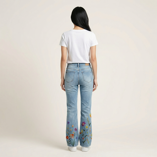 Women’s Flared Jeans – Floral Print Design
