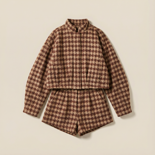 Women’s Houndstooth Zip Jacket and Shorts Two-Piece Set
