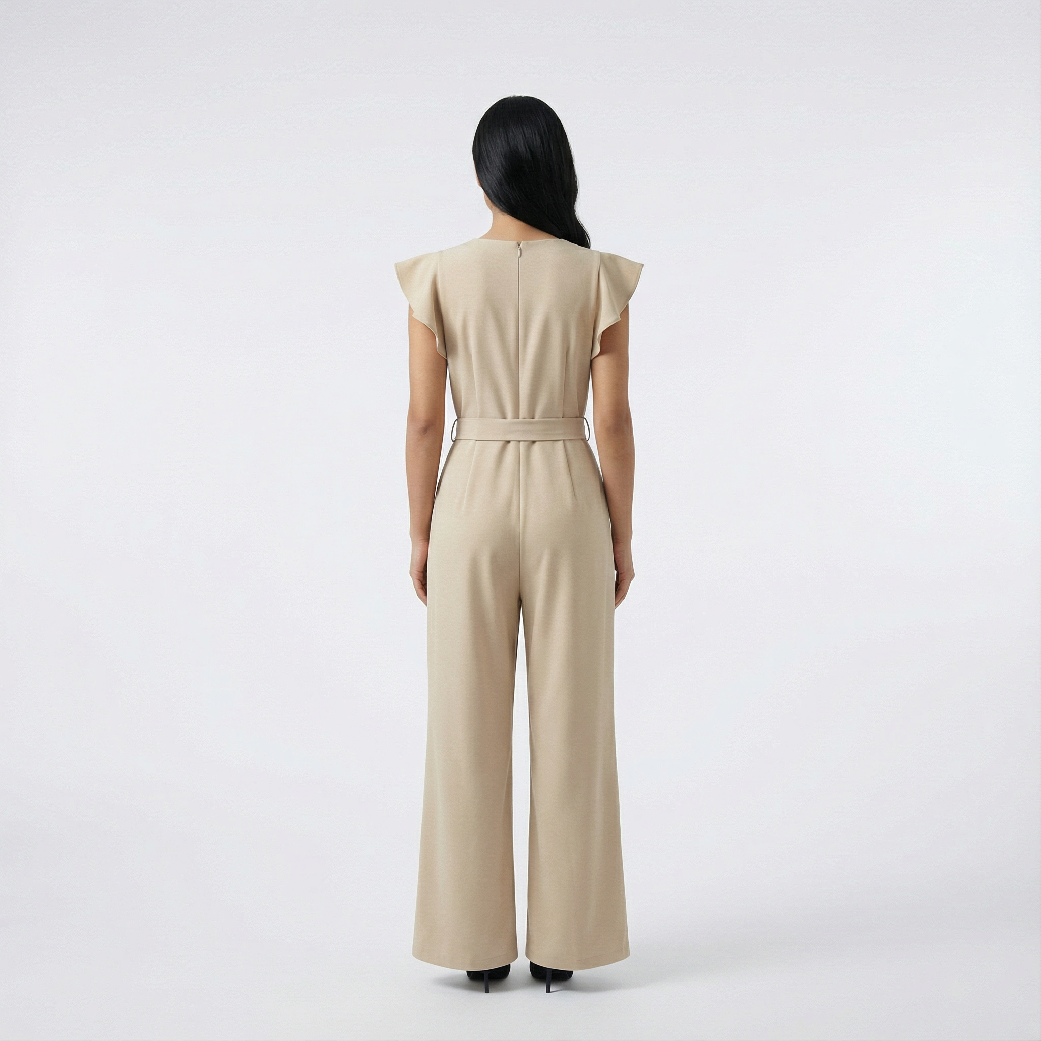 Women’s Jumpsuit – Short Sleeves, Tie Waist, Wide-Leg Design