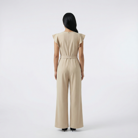 Women’s Jumpsuit – Short Sleeves, Tie Waist, Wide-Leg Design