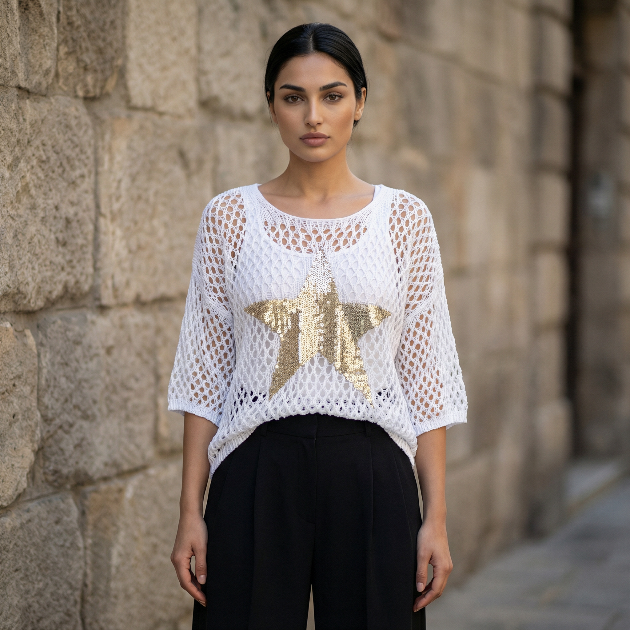 Women’s Knit Top – Open Weave Star Pattern Design