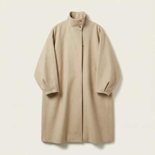 Women’s Long Overcoat – Stand Collar, Batwing Sleeves