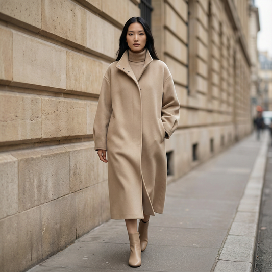 Women’s Long Overcoat – Stand Collar, Batwing Sleeves