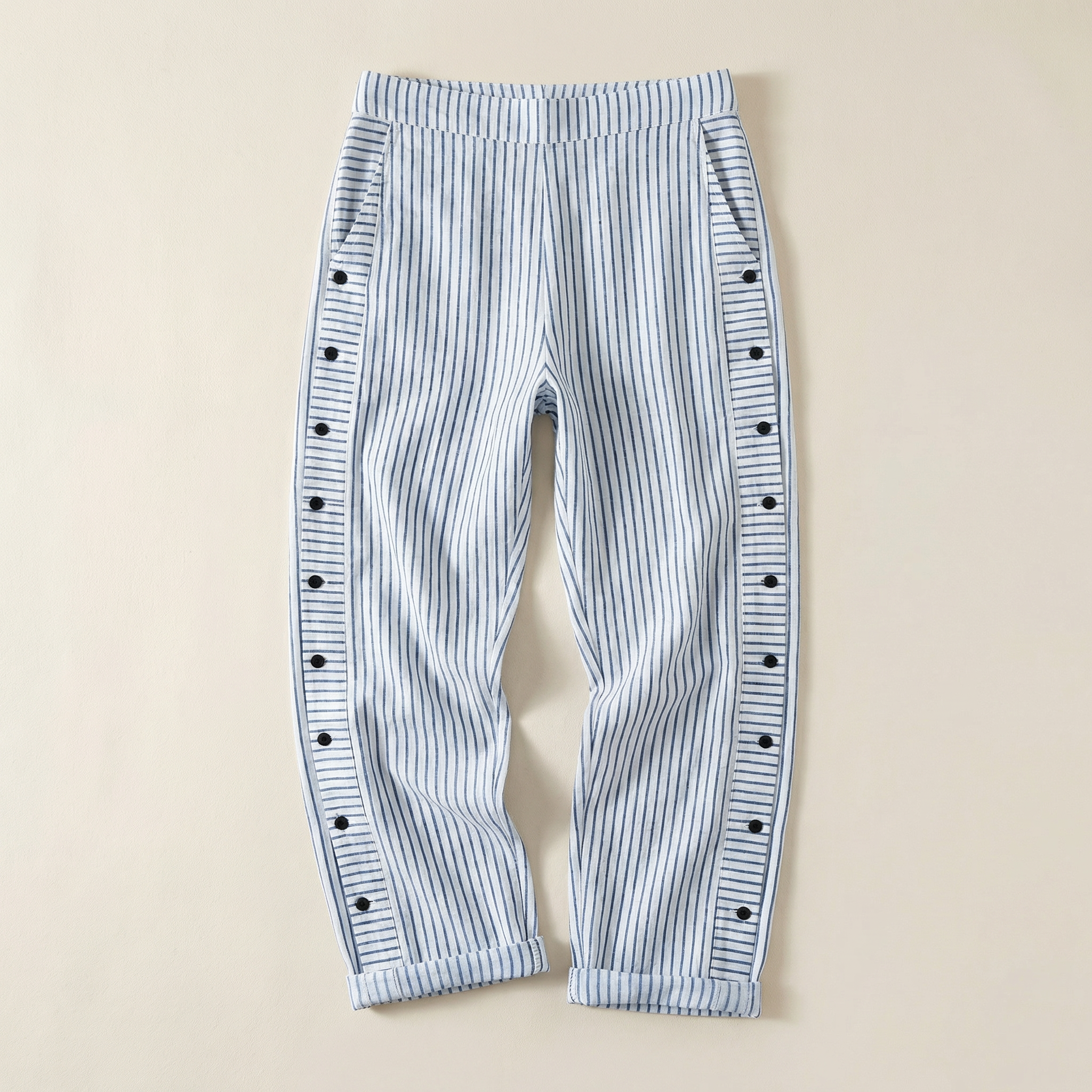 Women’s Striped Cropped Pants – Side Button Closure