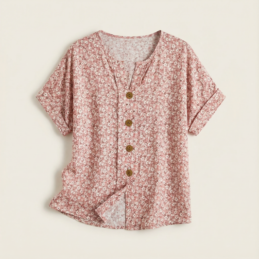 Women’s Top – Floral Button-Up Short Sleeve Design