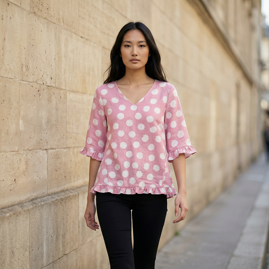 Women’s Top – Polka Dot V-Neck Ruffle Hem Design