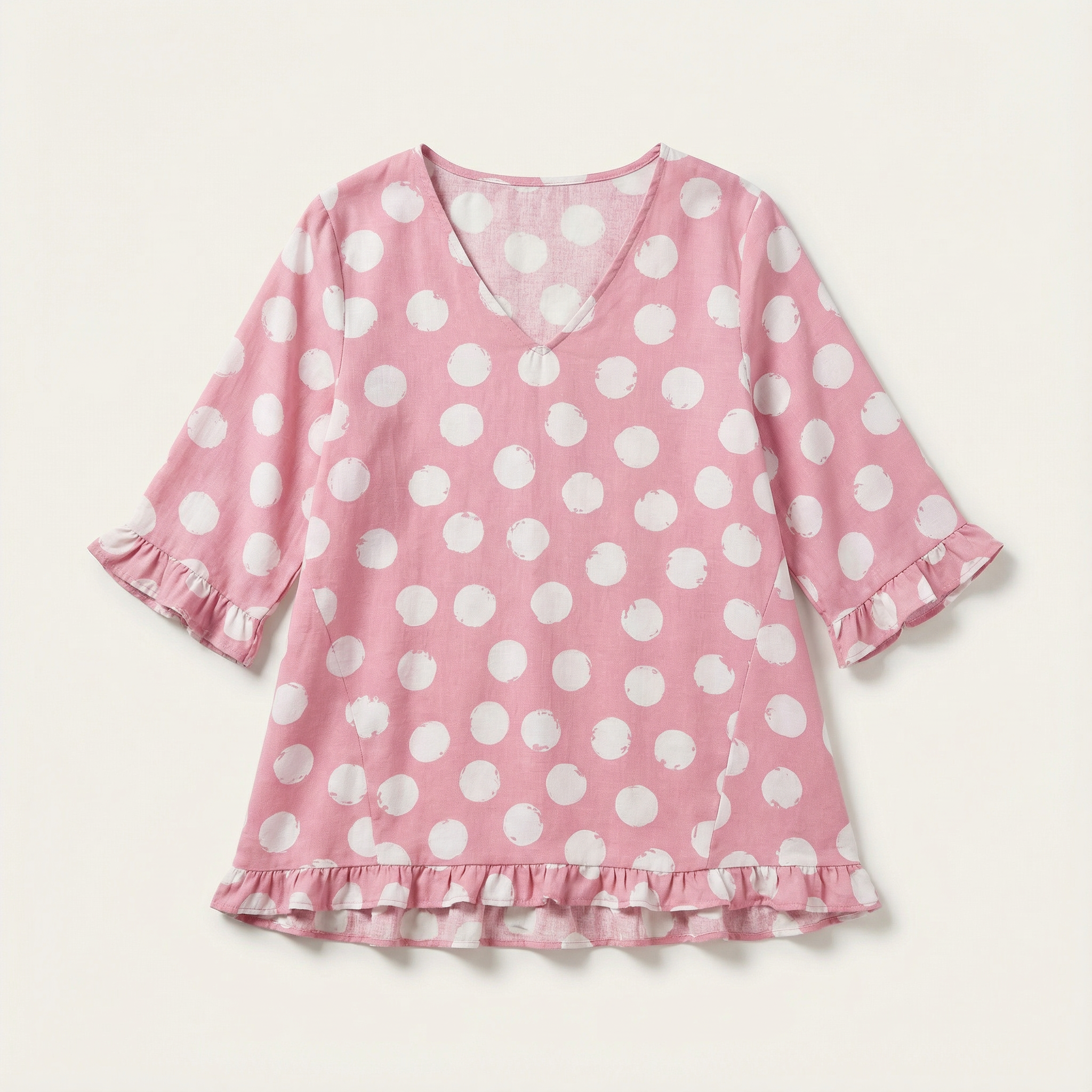 Women’s Top – Polka Dot V-Neck Ruffle Hem Design