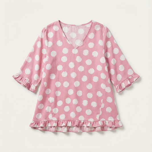 Women’s Top – Polka Dot V-Neck Ruffle Hem Design