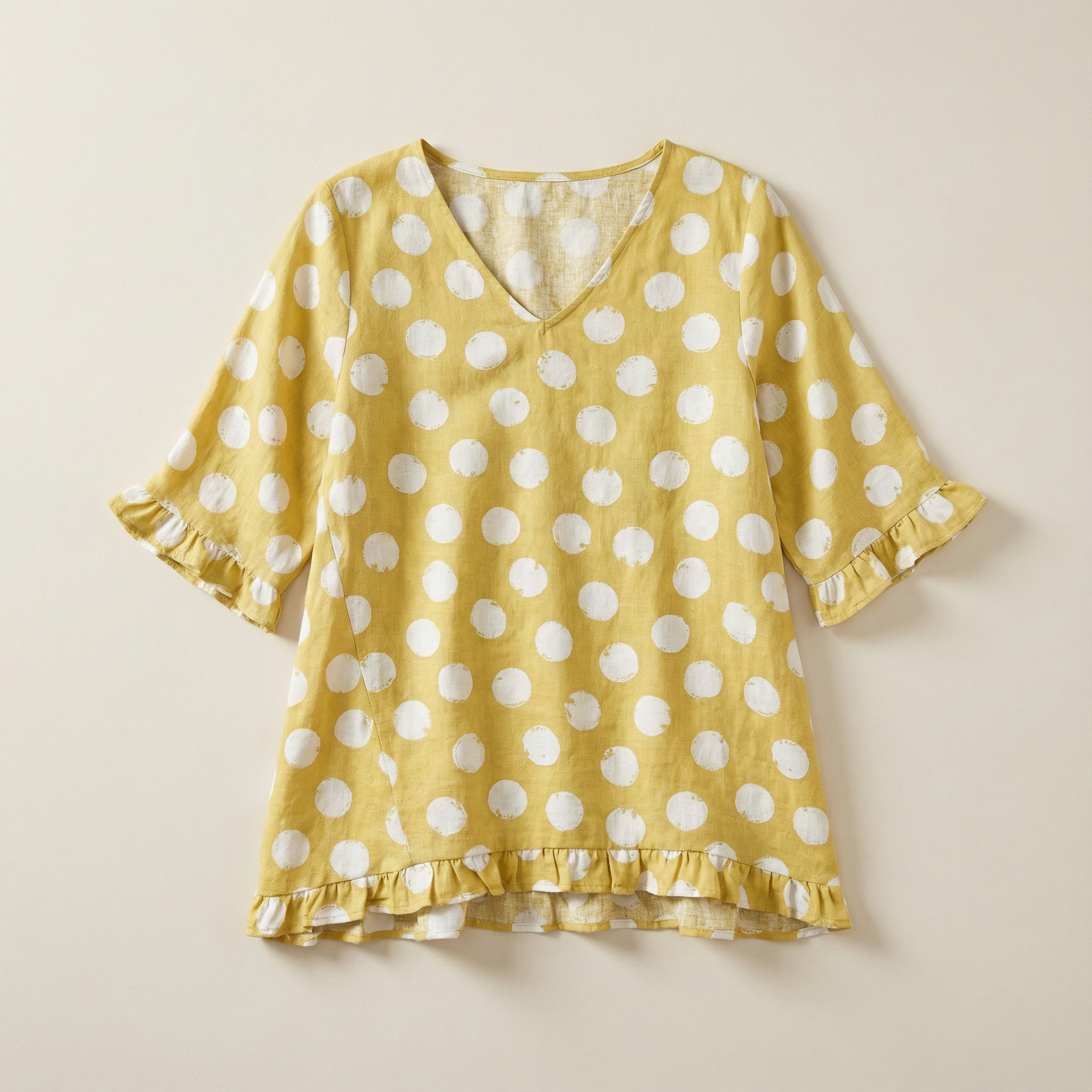 Women’s Top – Polka Dot V-Neck Ruffle Hem Design