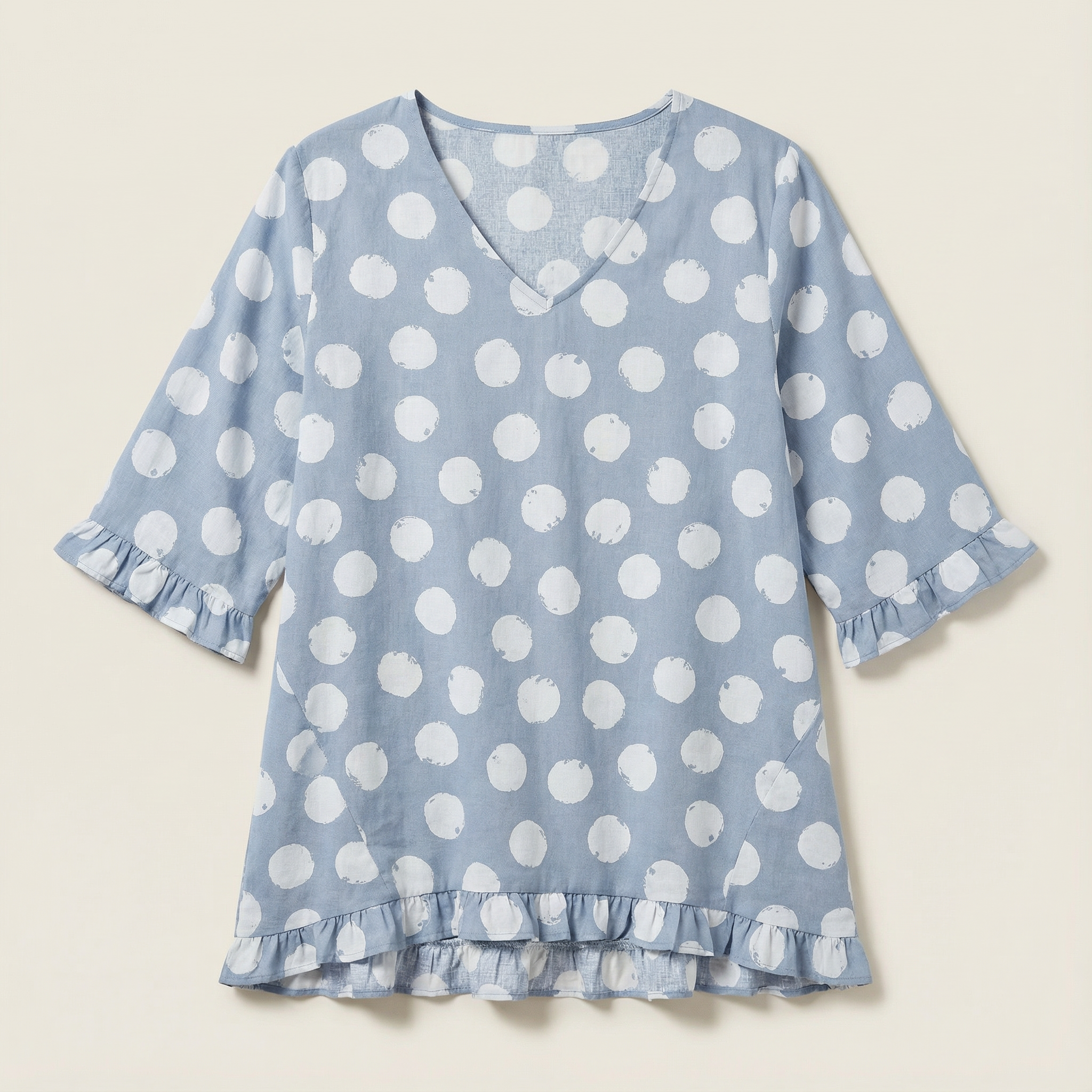 Women’s Top – Polka Dot V-Neck Ruffle Hem Design