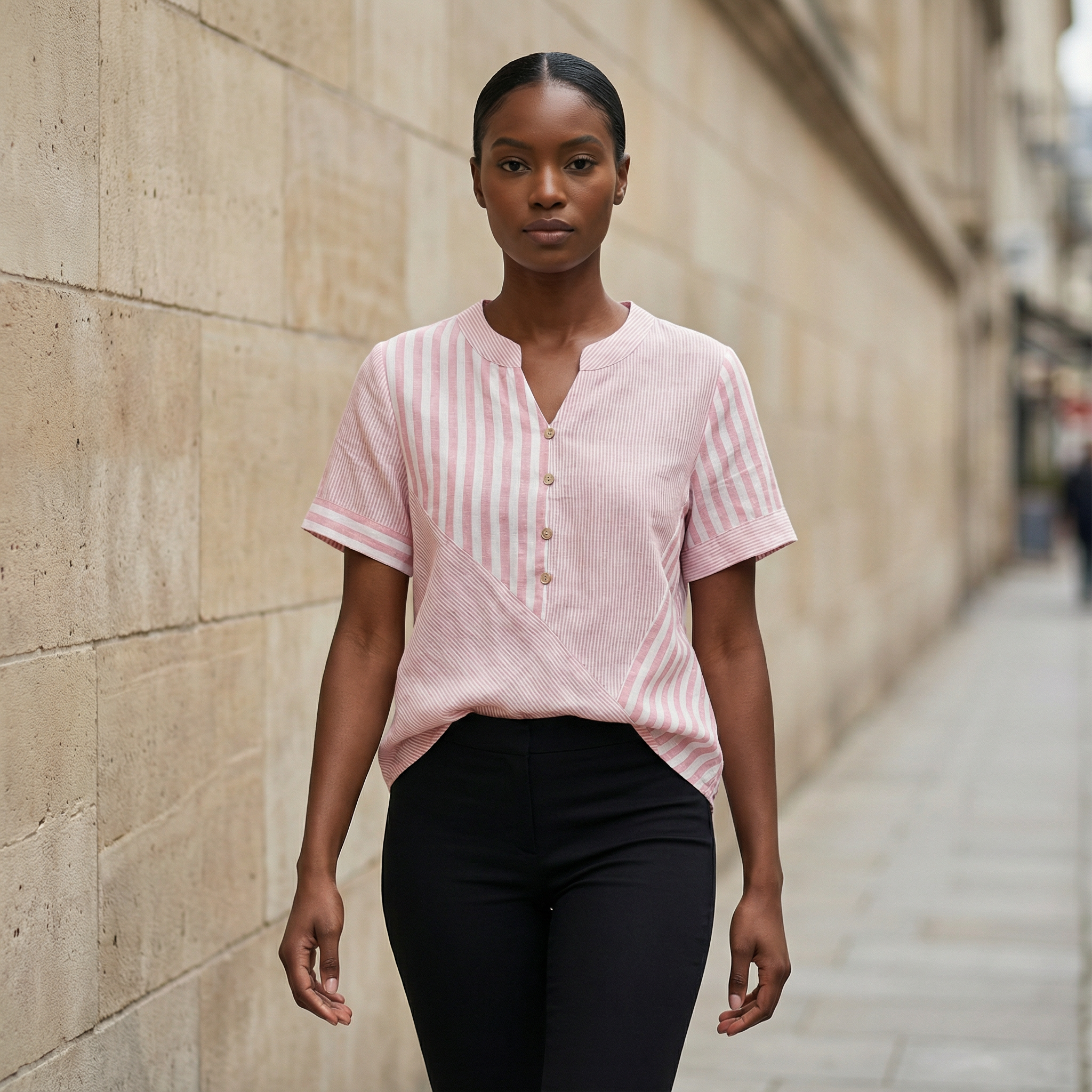 Women’s Top – Striped Button-Up Short Sleeve Design