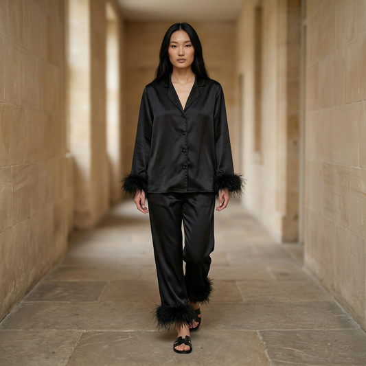 Women’s Two Piece Set – Feather Trim Blouse and Pants