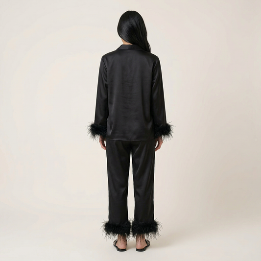 Women’s Two Piece Set – Feather Trim Blouse and Pants