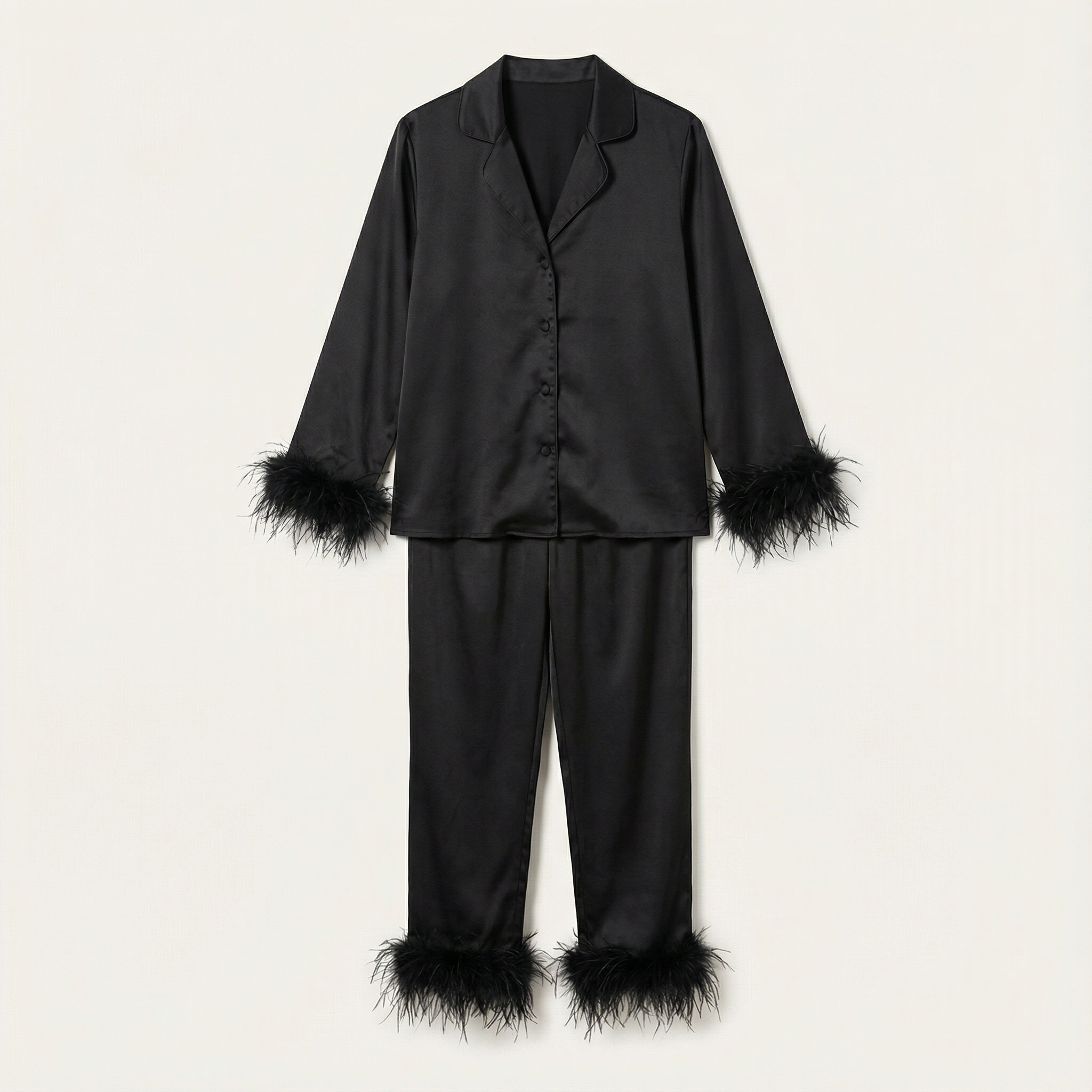 Women’s Two Piece Set – Feather Trim Blouse and Pants