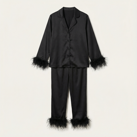 Women’s Two Piece Set – Feather Trim Blouse and Pants