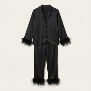 Women’s Two Piece Set – Feather Trim Blouse and Pants