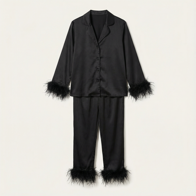 Women’s Two Piece Set – Feather Trim Blouse and Pants