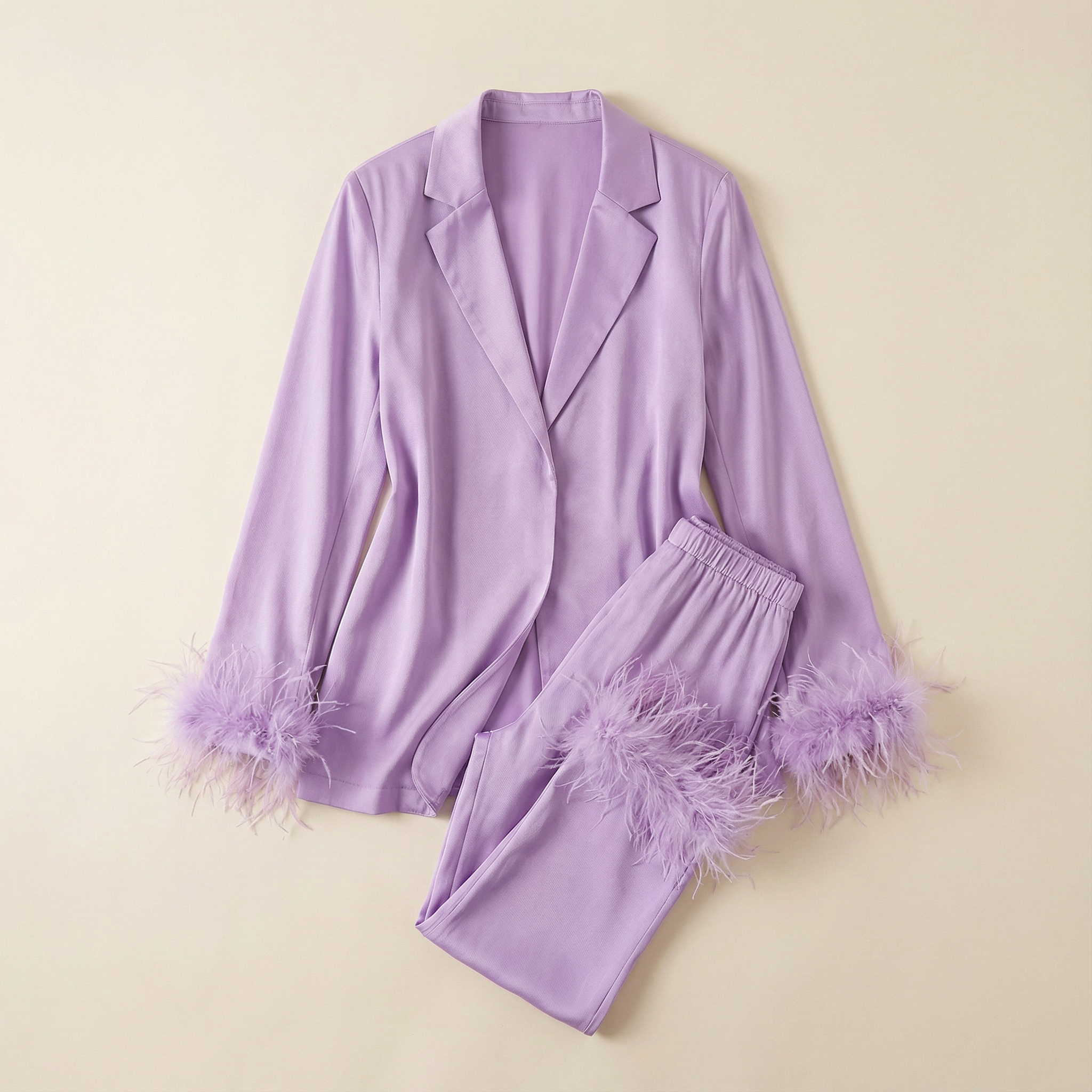 Women’s Two Piece Set – Feather Trim Blouse and Pants