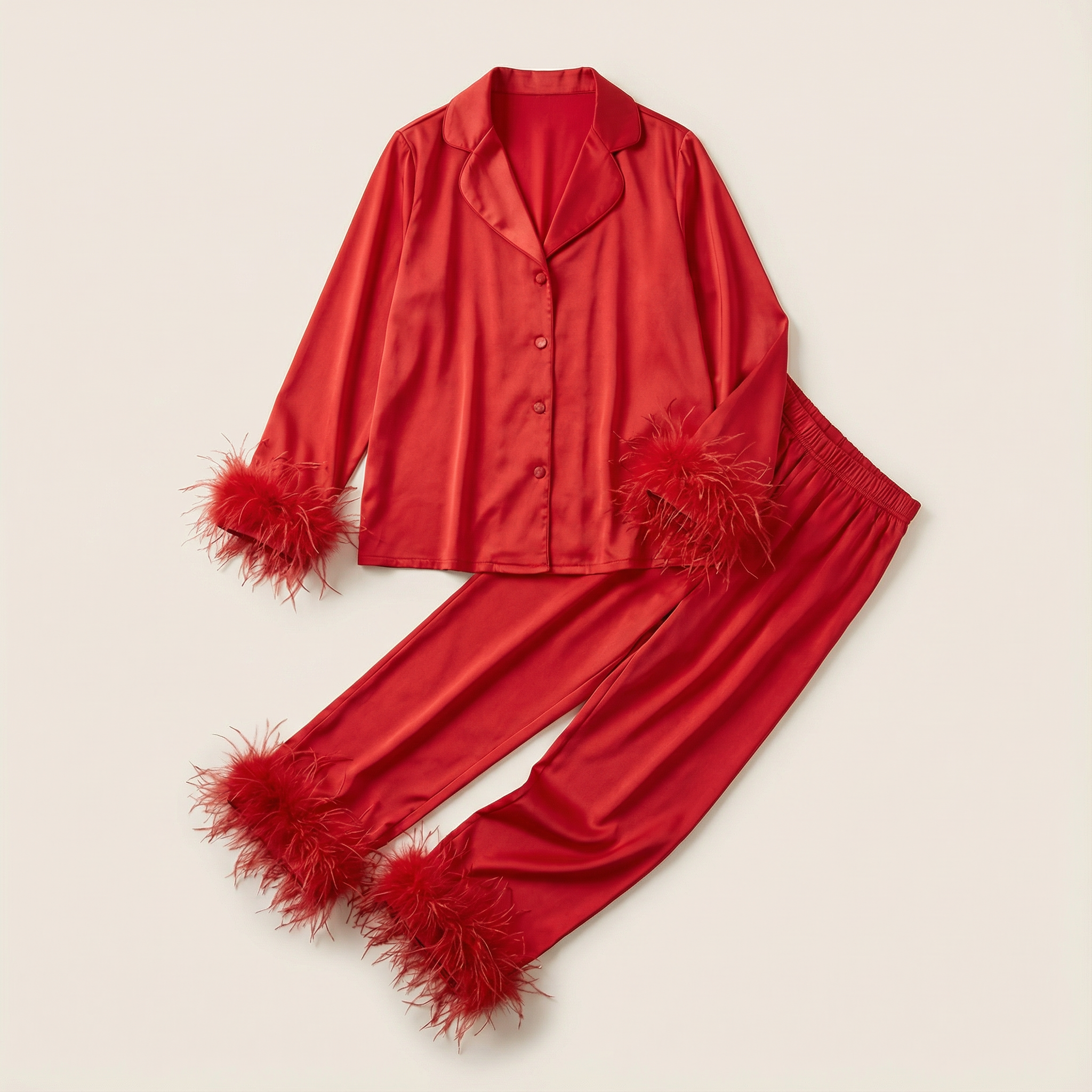 Women’s Two Piece Set – Feather Trim Blouse and Pants