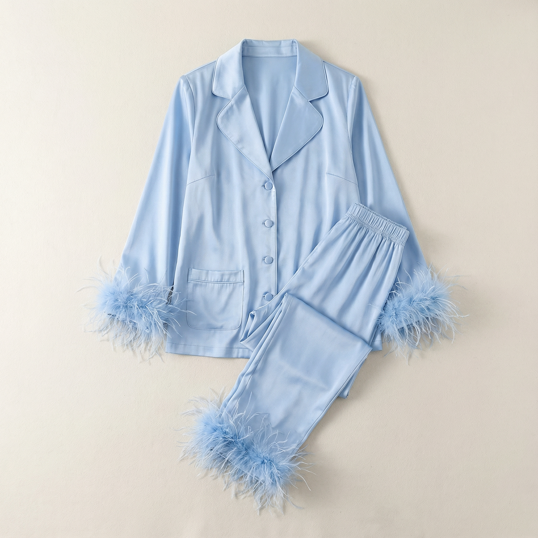 Women’s Two Piece Set – Feather Trim Blouse and Pants