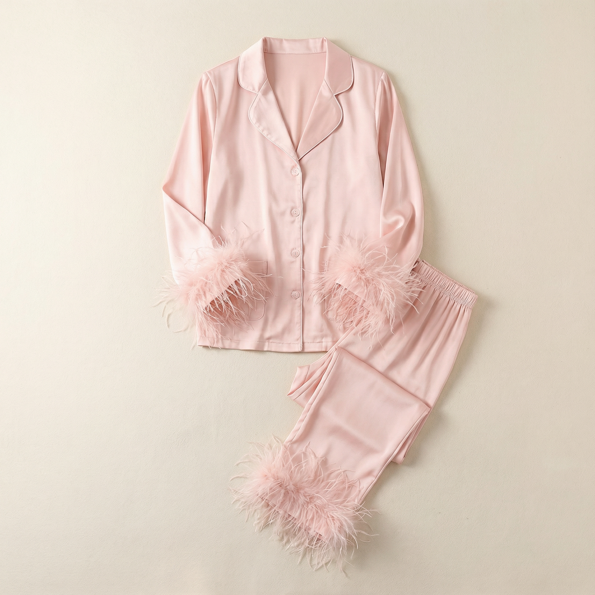 Women’s Two Piece Set – Feather Trim Blouse and Pants