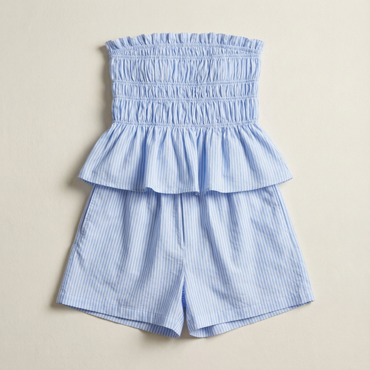 Women’s Two Piece Set – Striped Bandeau Crop Top and Shorts