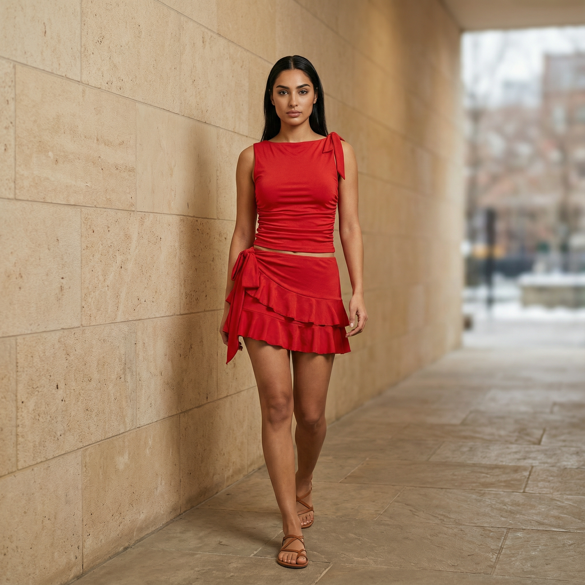 Women’s Two Piece Set – Tie-Up Crop Top and Ruched Ruffle Mini Skirt