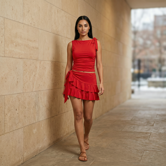 Women’s Two Piece Set – Tie-Up Crop Top and Ruched Ruffle Mini Skirt