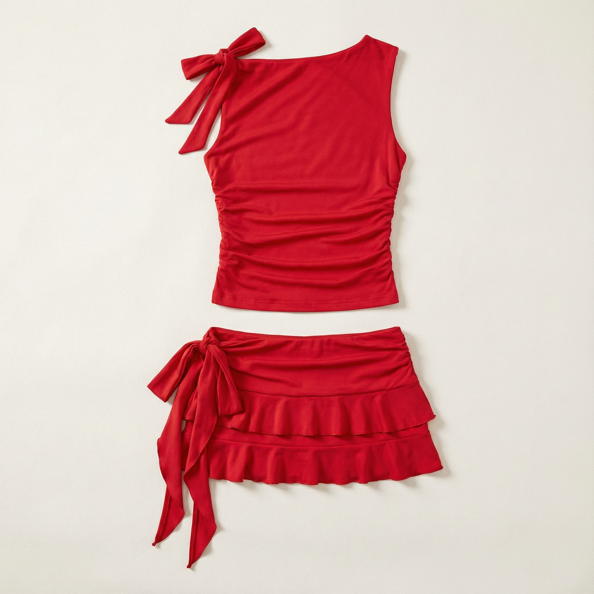 Women’s Two Piece Set – Tie-Up Crop Top and Ruched Ruffle Mini Skirt
