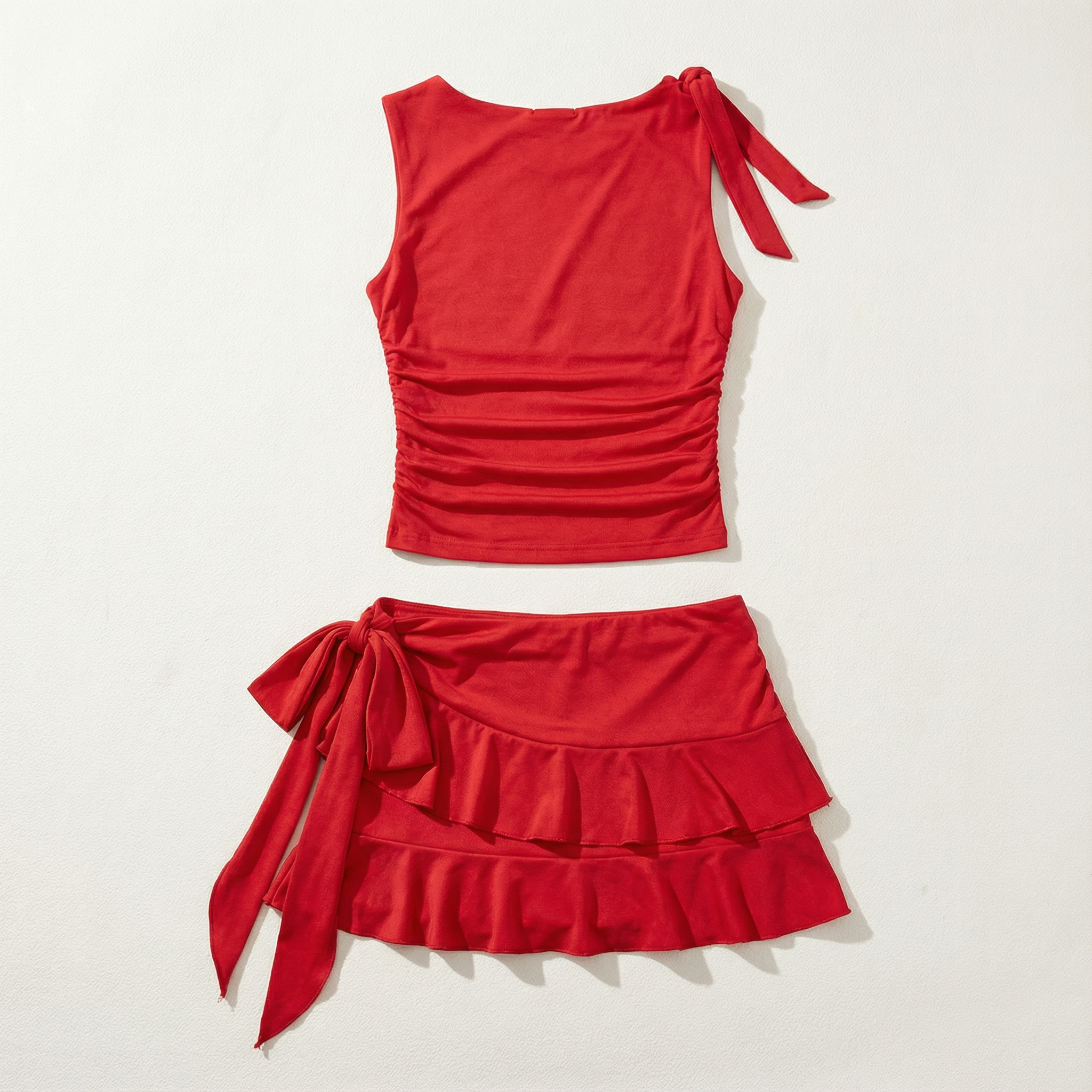 Women’s Two Piece Set – Tie-Up Crop Top and Ruched Ruffle Mini Skirt