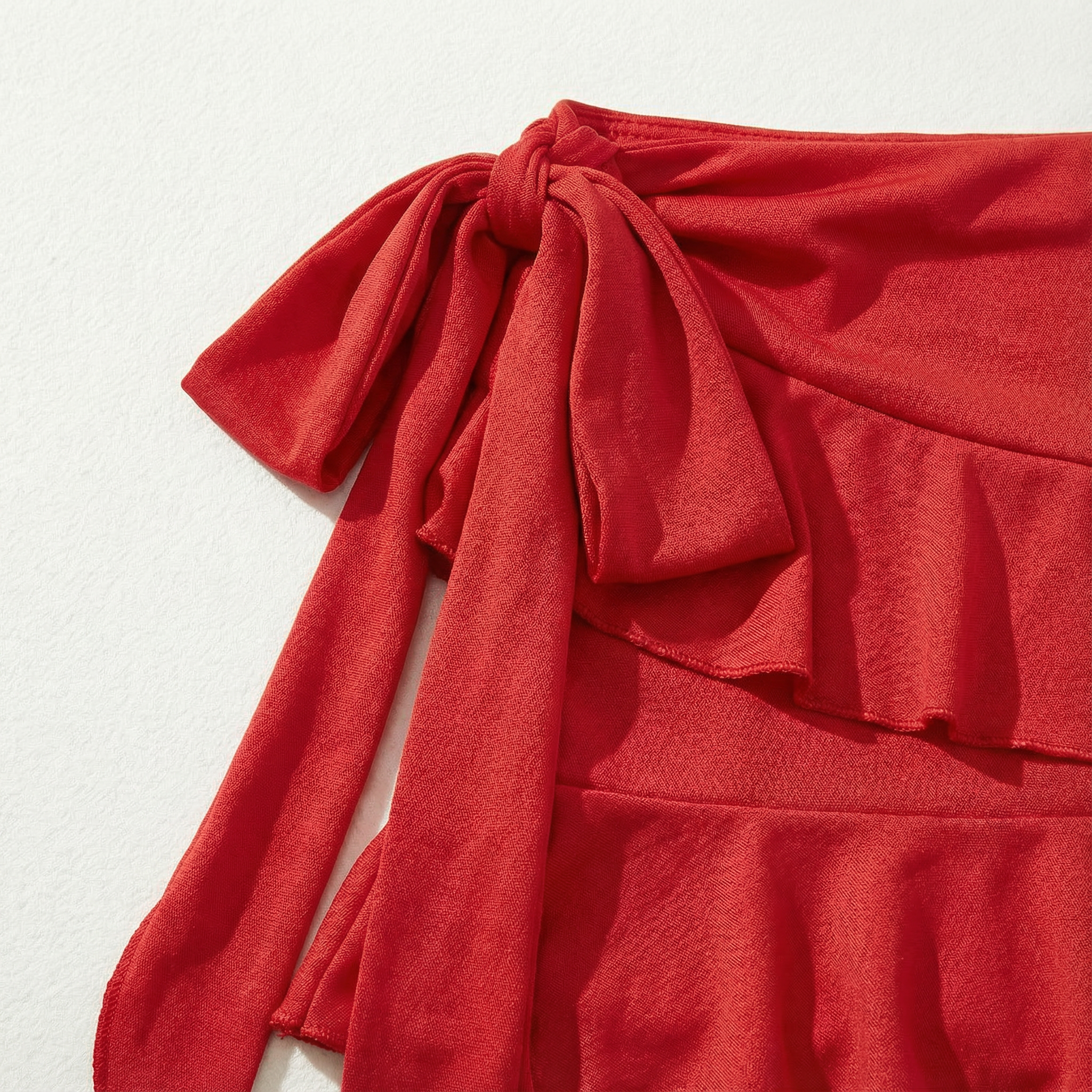 Women’s Two Piece Set – Tie-Up Crop Top and Ruched Ruffle Mini Skirt