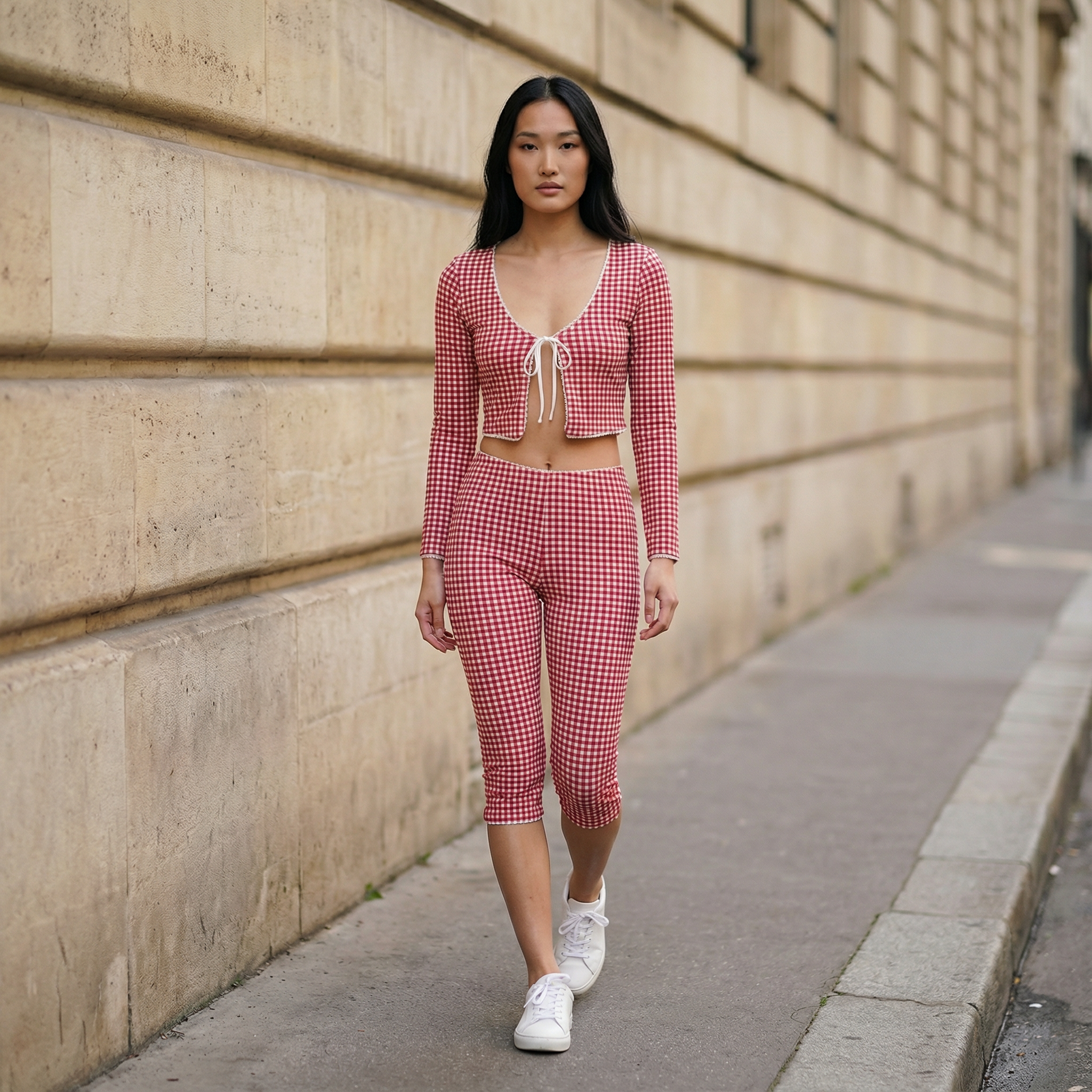 Women’s Two Piece Set – Tie Front Crop Top and Slim Fit Capri Pants