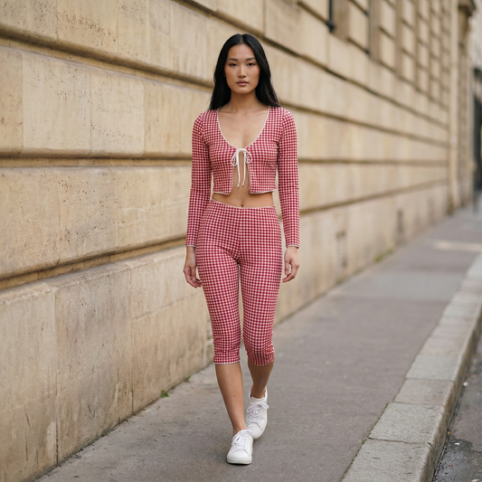 Women’s Two Piece Set – Tie Front Crop Top and Slim Fit Capri Pants