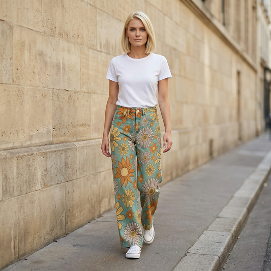 Women’s Wide-Leg Pants – Floral Print High-Waist Trousers
