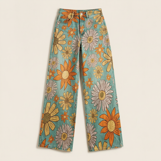 Women’s Wide-Leg Pants – Floral Print High-Waist Trousers