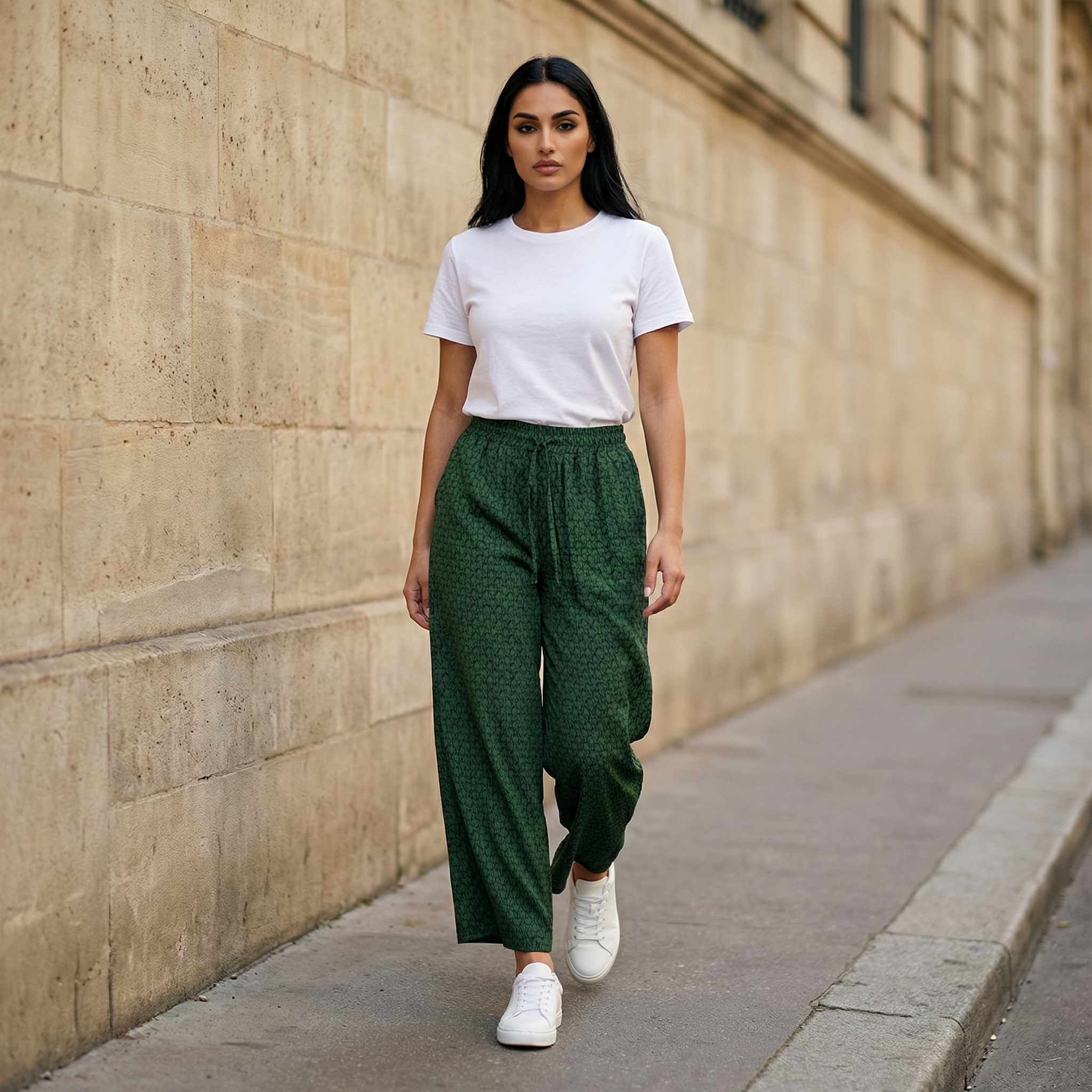 Women’s Wide-Leg Trousers – Elastic Waist Patterned Pants