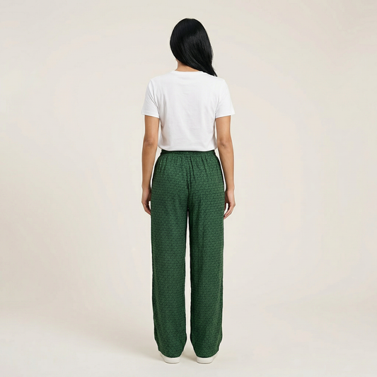 Women’s Wide-Leg Trousers – Elastic Waist Patterned Pants