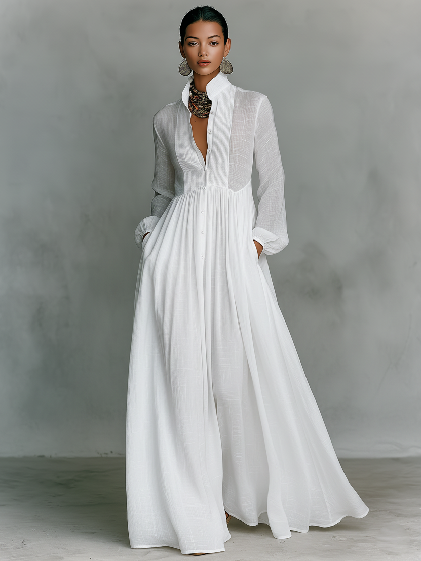 Women's Minimalist Cotton And Linen Patchwork Single-breasted Stand-up Collar Long-sleeved Maxi Dress