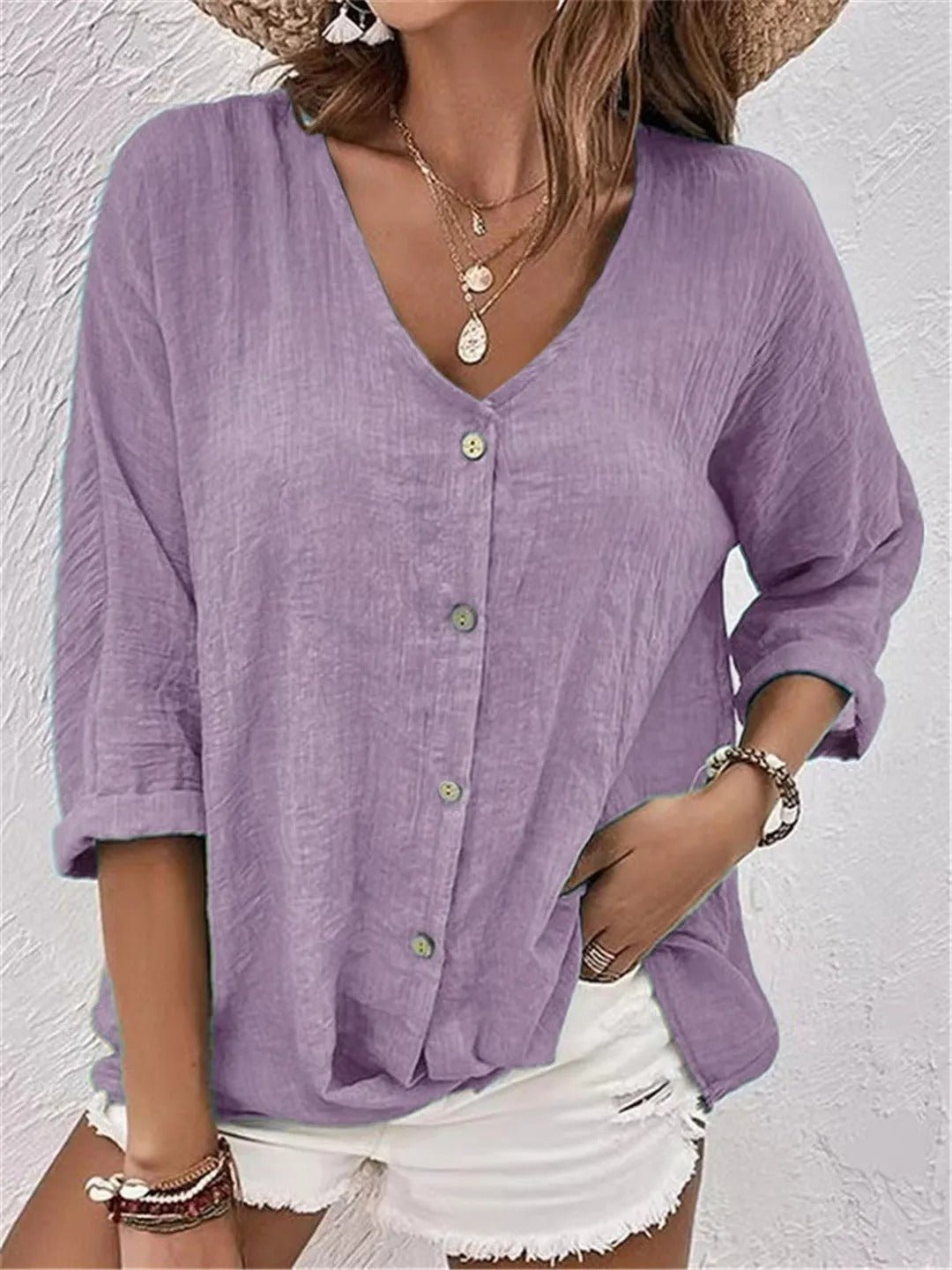 Badette | Women's Casual Cotton V-Neck Button-Front Top