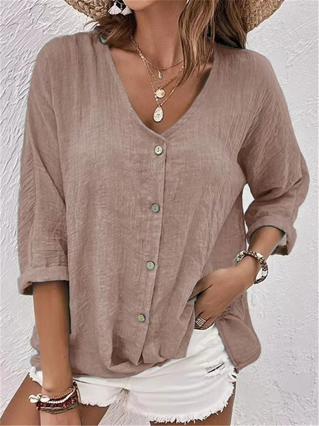 Badette | Women's Casual Cotton V-Neck Button-Front Top